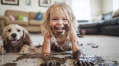 Happy Toddler Covered in Mud with Dog Playing on the Carpet