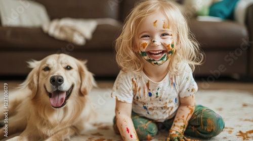 Happy Toddler Covered in Mud with Dog Playing on the Carpet