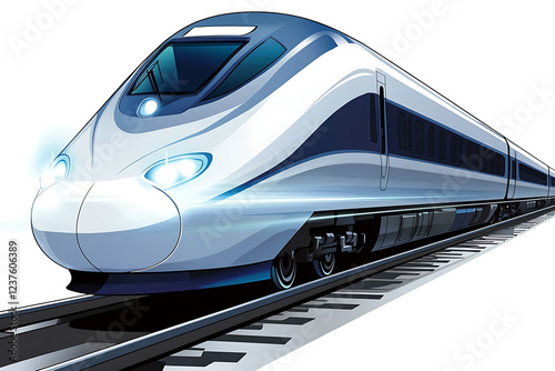 A flat vector illustration of a high-speed train traveling on tracks