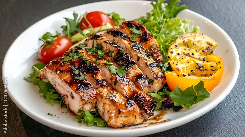 Grilled Chicken Breast with Lemon and Fresh Greens on White Plate : Generative AI Grilled Chicken Breast with Lemon and Fresh Greens on White Plate : Generative AI