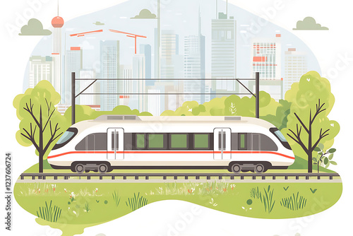 A flat vector illustration of a high-speed train on a modern railway track
