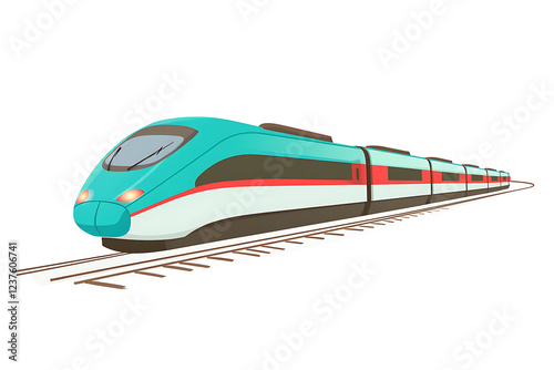 A flat vector illustration of a high-speed train on a futuristic city landscape
