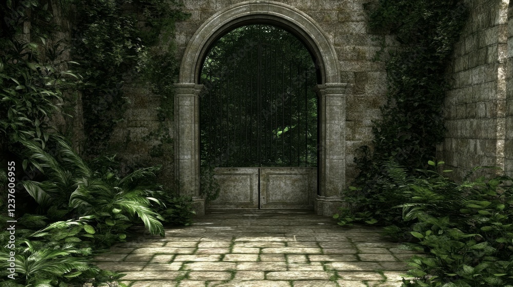 Obraz premium Overgrown Stone Archway Gate to Hidden Garden