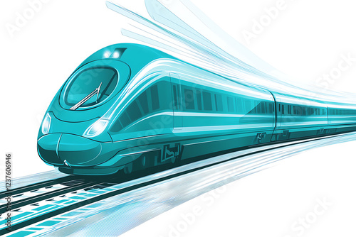 A flat vector illustration of a high-speed train on a modern railway track