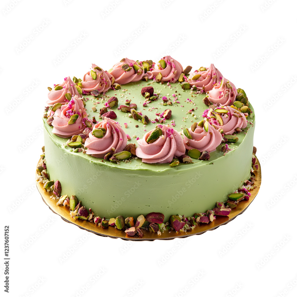 Pistachio Rosewater Cake with Pink Frosting and Springs Isolated on Transparent Background Pistachio Rosewater Cake with Pink Frosting and Springs Isolated on Transparent Background