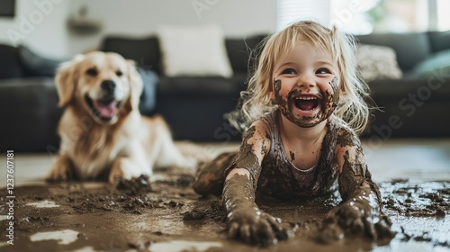 Happy Toddler Covered in Mud with Dog Playing on the Carpet