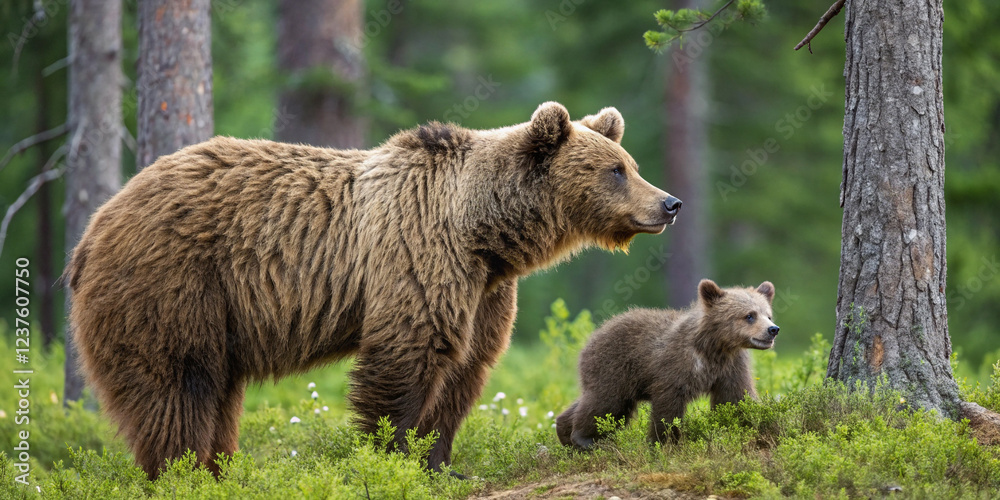 Heartwarming Image of an Adult Brown Bear with a Cute Bear Cub for Wildlife Lovers Heartwarming Image of an Adult Brown Bear with a Cute Bear Cub for Wildlife Lovers