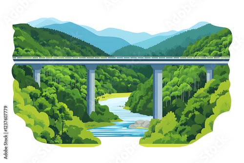 A flat vector illustration of a large bridge spanning across a river, with a modern design and vibrant colors