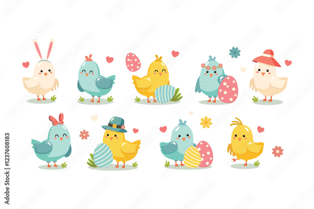 Naklejka premium Colorful easter cute chicks birds character