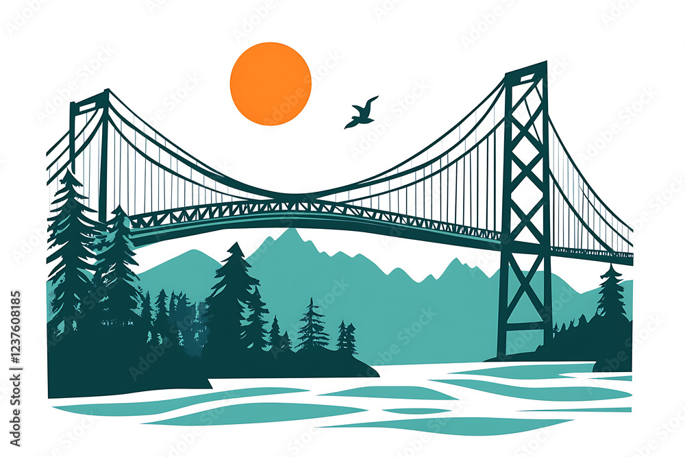 Fototapeta premium A flat vector illustration of a large bridge spanning across a river, showcasing modern architecture and urban landscape