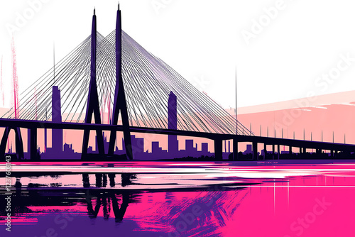 A flat vector illustration of a large bridge spanning a river, with modern architecture and vibrant colors