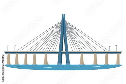 A flat vector illustration of a large bridge, featuring modern design and vibrant colors