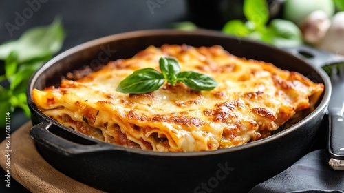 Delicious Homemade Lasagna Baked with Cheese Basil in Cast Iron Pan Top View : Generative AI photo