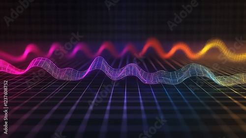Mathematical sine and cosine waves graphically represented in vivid colors on a dark grid