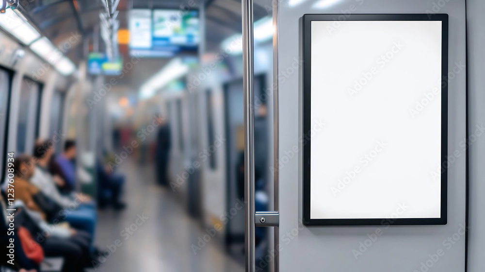 Vertical illuminated ad display inside a subway train with passengers seated in the background. Perfect for showcasing branding, advertising, or marketing campaigns in a public transit setting Vertical illuminated ad display inside a subway train with passengers seated in the background. Perfect for showcasing branding, advertising, or marketing campaigns in a public transit setting