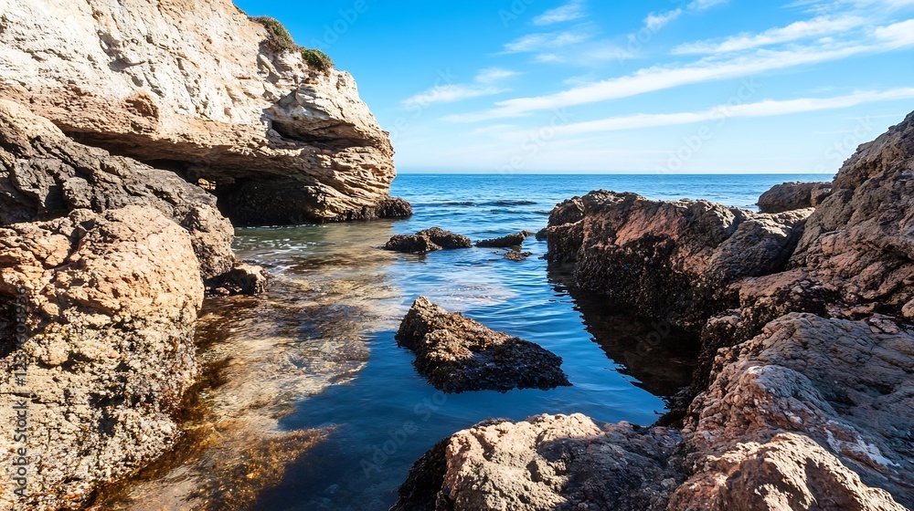 Rocky Coastal Shore with Crystal Clear Blue Water on a Sunny Day : Generative AI