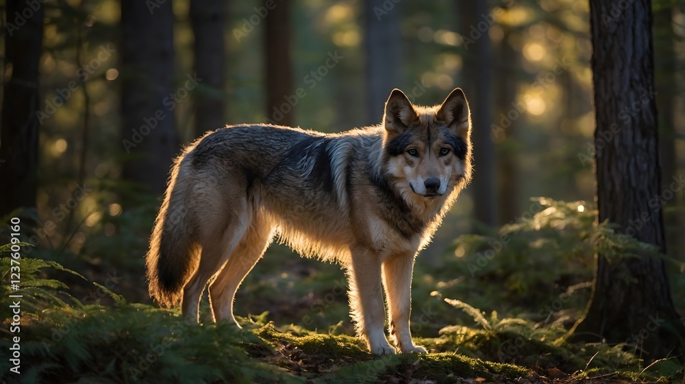 The Watchful Pup: Young Canis Lupus Youngi Standing in a Forest Clearing The Watchful Pup: Young Canis Lupus Youngi Standing in a Forest Clearing