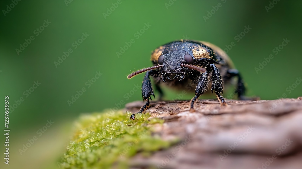 Black and Gold Beetle on MossCovered Branch in Nature Reserve : Generative AI Black and Gold Beetle on MossCovered Branch in Nature Reserve : Generative AI