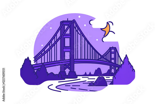 A sleek and modern flat vector illustration of a large bridge spanning across a river under a clear blue sky