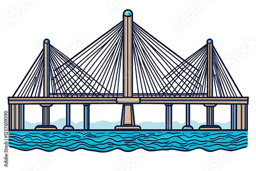A flat vector illustration of a large bridge spanning across a river