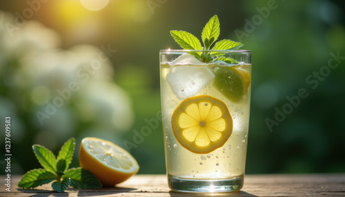 Elderflower Lemonade with Lemon Slices and Herbs