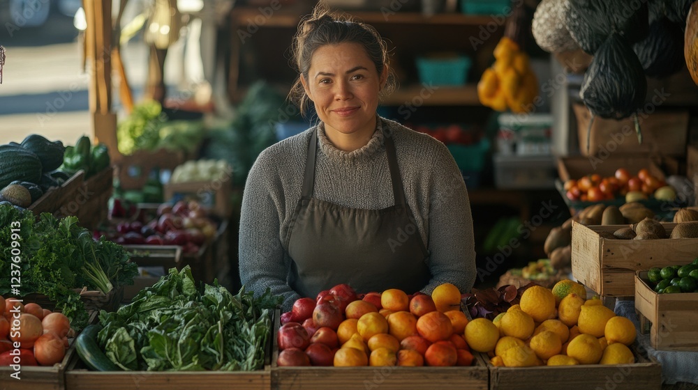 farmer woman smiling at farmers market with fresh produce farmer woman smiling at farmers market with fresh produce