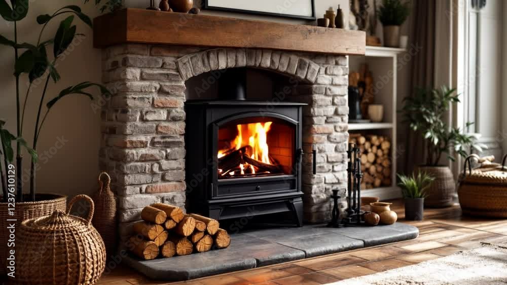 Wood Burning Fireplace, Warm Home Cosy Christmas Time Burning Fire In Fireplace. Slow Motion Wood Burning Fireplace, Warm Home Cosy Christmas Time Burning Fire In Fireplace. Slow Motion