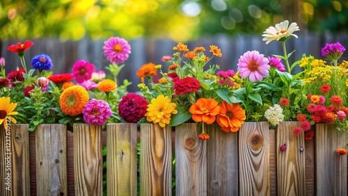 Colorful garden flowers blooming above wooden fence, garden decor, garden gate,  garden decor, garden gate, wooden fence