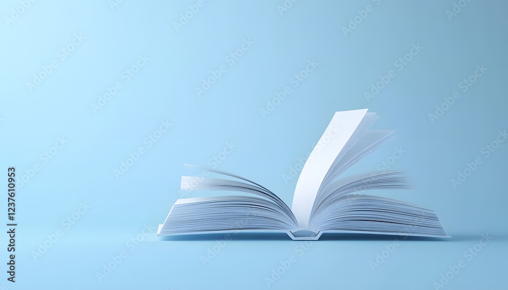 An open white book rests on a light blue background An open white book rests on a light blue background