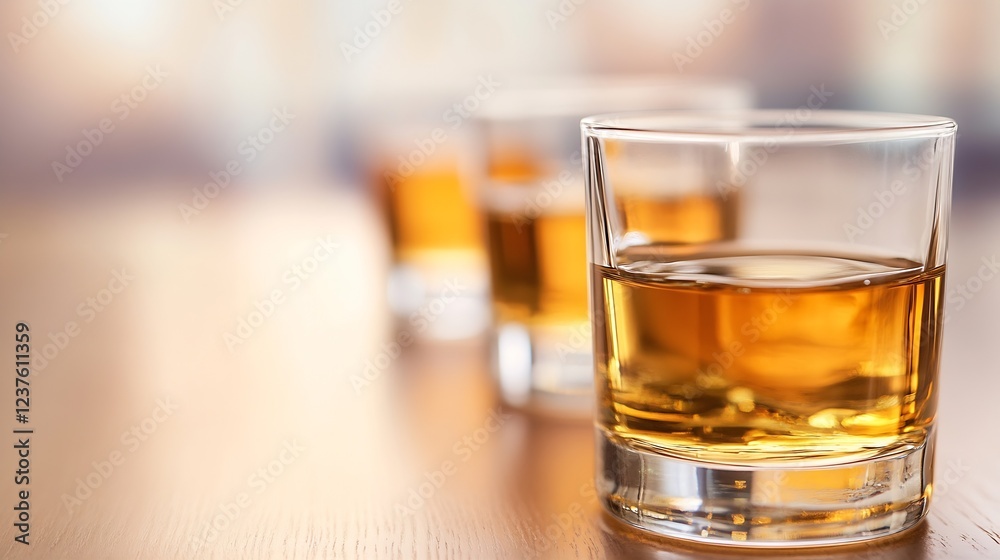 Rich amber whiskey served neat in glass on wooden table with blurred background : Generative AI Rich amber whiskey served neat in glass on wooden table with blurred background : Generative AI