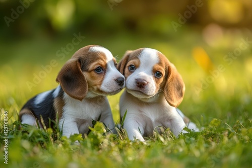 Two small beagle pups frolicking outdoors photo