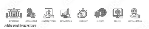Industrial control system icon set flow process which consists of enterprise, management, control system, optimization, efficiency icon live stroke and easy to edit .