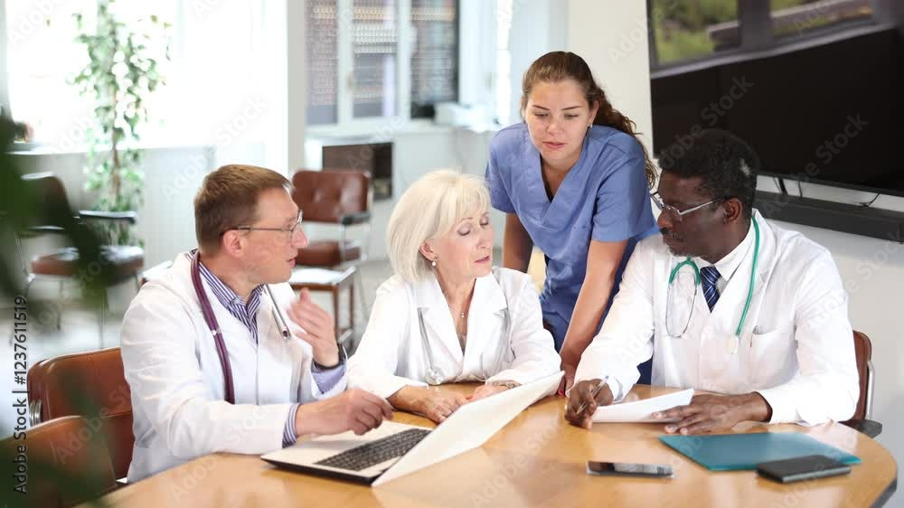 Doctors sitting at table animatedly and actively discussing work. African American male doctor with colleagues sit near table laptop and make up solution and write final report on work of clinic Doctors sitting at table animatedly and actively discussing work. African American male doctor with colleagues sit near table laptop and make up solution and write final report on work of clinic