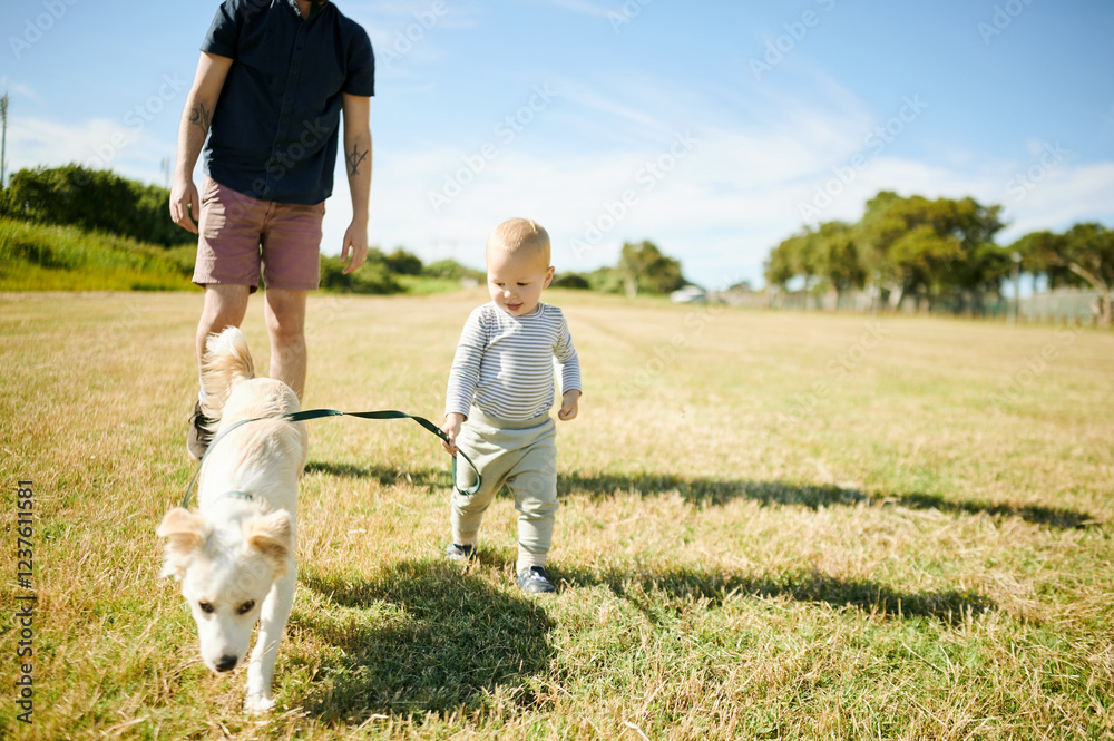 Park, baby and father walking the dog in field for exercise, freedom and adventure in countryside. Family, pets and happy boy and dad outdoors with animal on holiday, summer vacation and weekend Park, baby and father walking the dog in field for exercise, freedom and adventure in countryside. Family, pets and happy boy and dad outdoors with animal on holiday, summer vacation and weekend