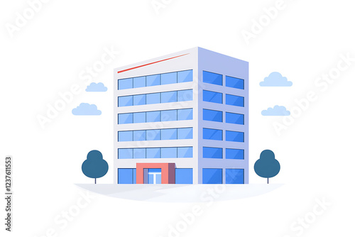 A flat vector illustration of a modern skyscraper with a sleek design and vibrant colors