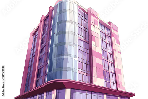 A flat vector illustration of a modern skyscraper in a vibrant cityscape