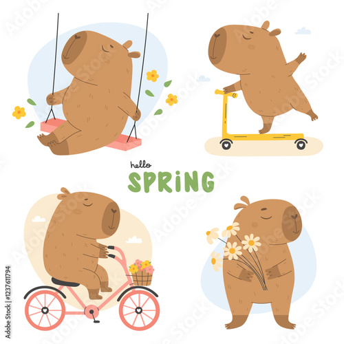 Funny capybaras set having fun outdoor activities