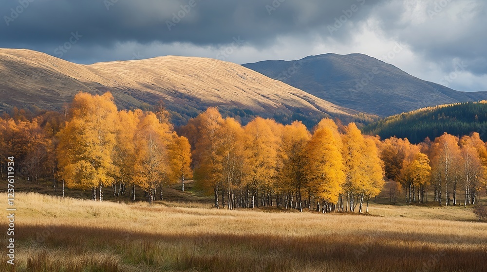 Fototapeta premium Golden Birch Trees in Autumn with Mountains Under Dramatic Sky : Generative AI