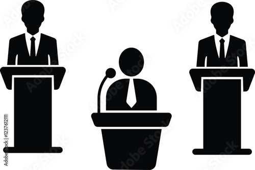 Businessman behind podium icon in flat set. vector for apps or website image of the speakers of man with badge standing behind the pulpit and microphones. isolated on transparent background