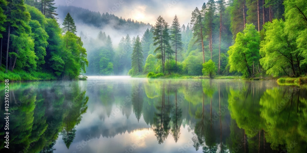 Obraz premium Misty forest pond surrounded by tall trees and lush greenery with a serene water surface reflecting the foggy atmosphere, foggy forest, nature scenery