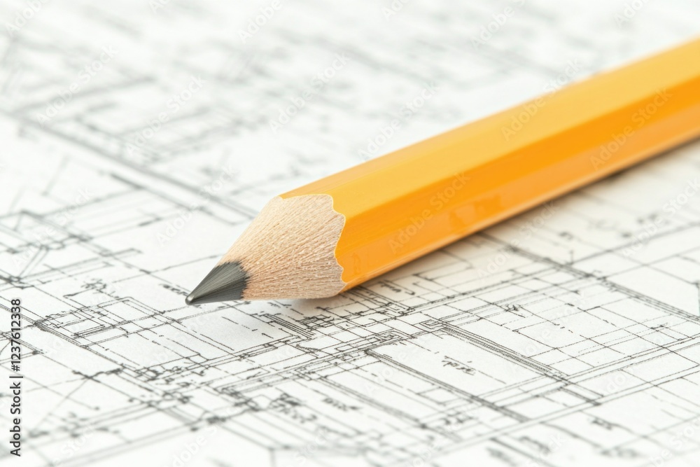 A pencil resting on top of architectural blueprints, with focus on the point where it is drawing. The background shows complex and detailed architecture plans. A pencil resting on top of architectural blueprints, with focus on the point where it is drawing. The background shows complex and detailed architecture plans.