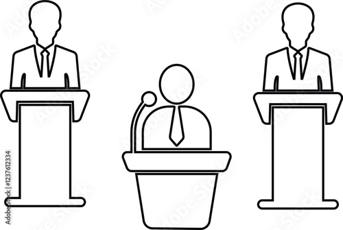 Businessman behind podium icon in line set. vector for apps or website image of the speakers of man with badge standing behind the pulpit and microphones. isolated on transparent background