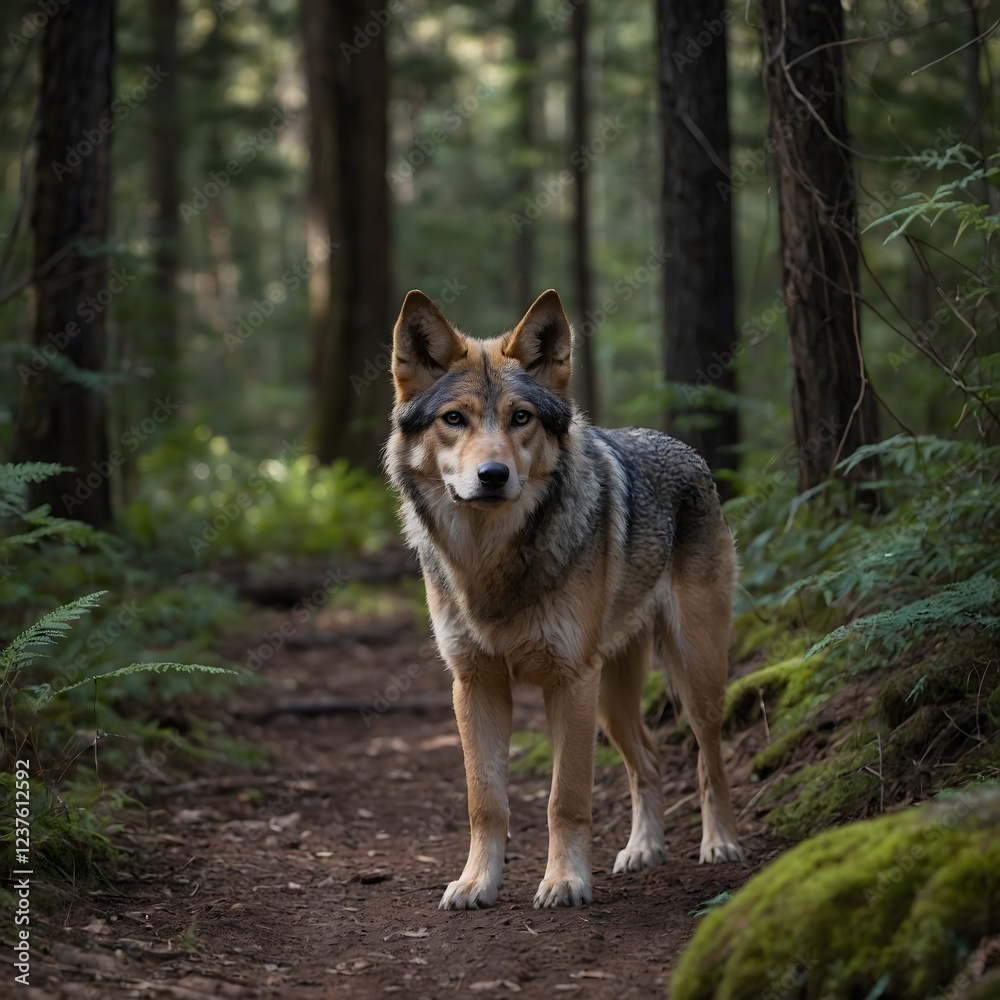 The Silent Watcher: Young Canis lupus youngi Standing Alert on the Forest Trail The Silent Watcher: Young Canis lupus youngi Standing Alert on the Forest Trail