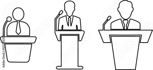 Businessman behind podium icon in line set. vector for apps or website image of the speakers of man with badge standing behind the pulpit and microphones. isolated on transparent background