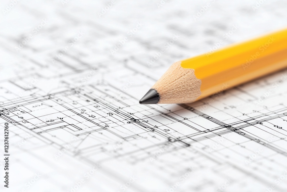 A pencil resting on top of architectural blueprints, with focus on the point where it is drawing. The background shows complex and detailed architecture plans. A pencil resting on top of architectural blueprints, with focus on the point where it is drawing. The background shows complex and detailed architecture plans.