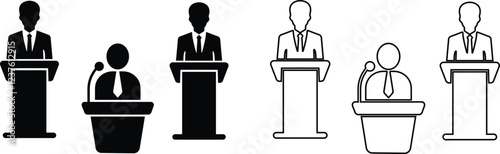 Businessman behind podium icon in flat line set. vector for apps or website image of the speakers of man with badge standing behind the pulpit and microphones. isolated on transparent background