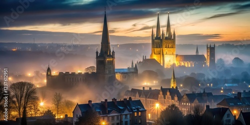A dark and misty night over the medieval city of Norwich with the castle and cathedral silhouetted against the sky, nighttime, medieval architecture photo