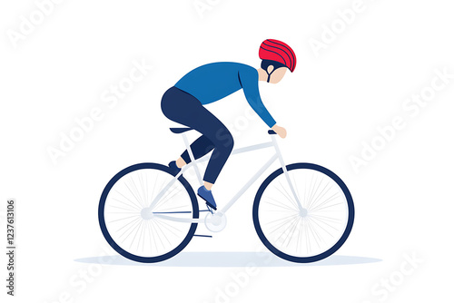 A flat vector illustration of a person riding a bicycle in a modern urban setting