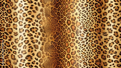 Leopard print fabric with intricate spots and stripes in warm golden tones on a neutral beige background, gold, brown,  gold, brown photo