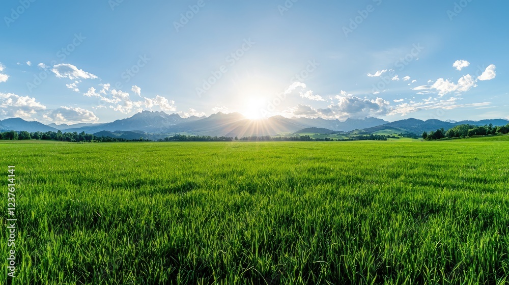 Sun setting over green field, mountains background. Peaceful nature scene for travel brochure Sun setting over green field, mountains background. Peaceful nature scene for travel brochure